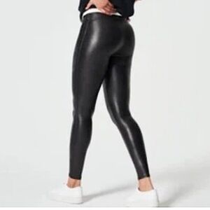 Spanx Shape Faux Leather Coated Stretch Slimming Leggings In Black Size M